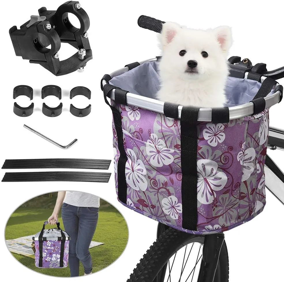 Lixada Bike Basket, Small Pet Cat Dog Carrier Bicycle Handlebar Front Basket Folding Detachable Removable Easy Install Quick Released Picnic Shopping Bag, Max. Bearing: 11lbs