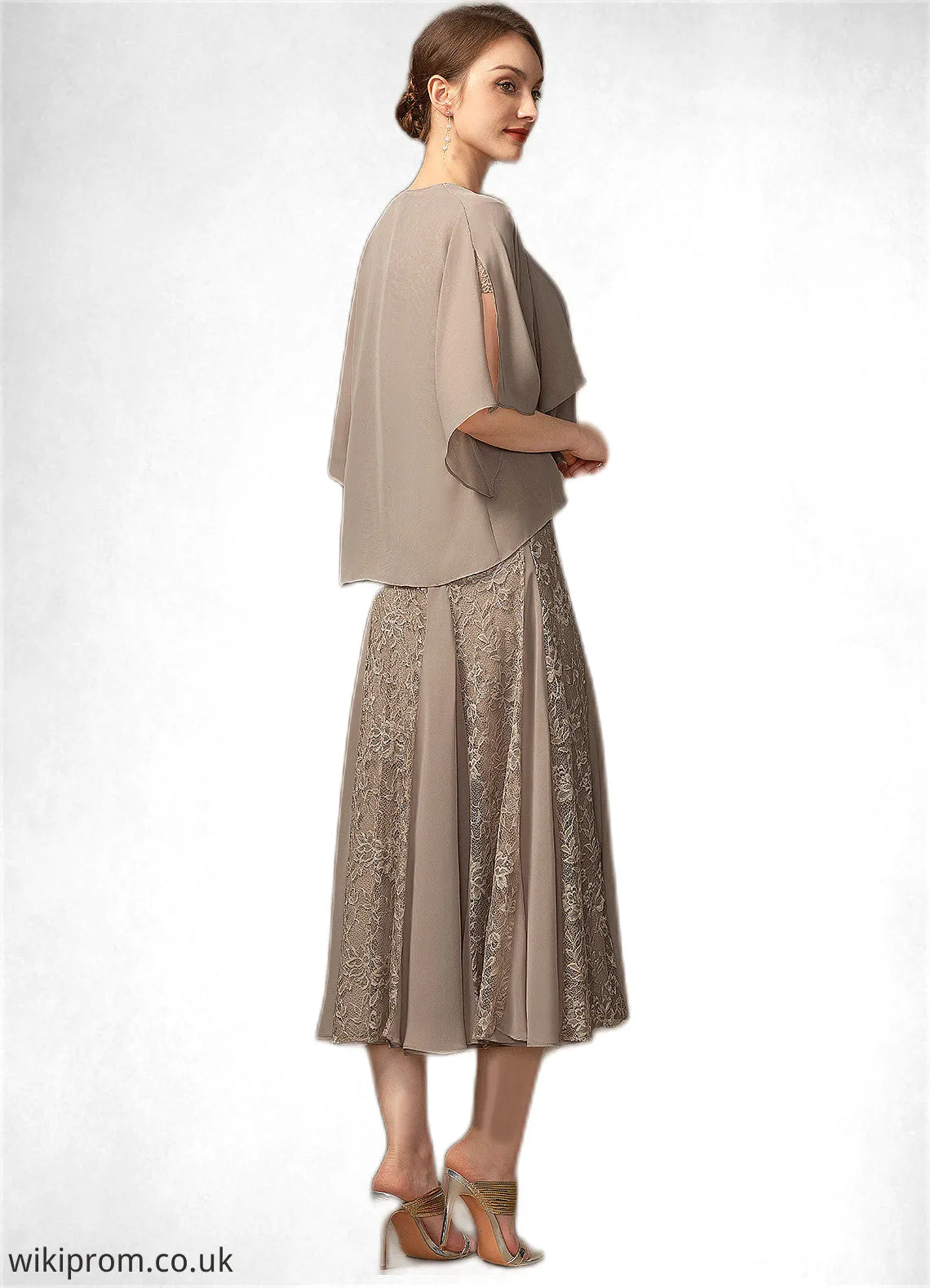 Lucia A-line V-Neck Tea-Length Chiffon Lace Mother of the Bride Dress SWK126P0014644