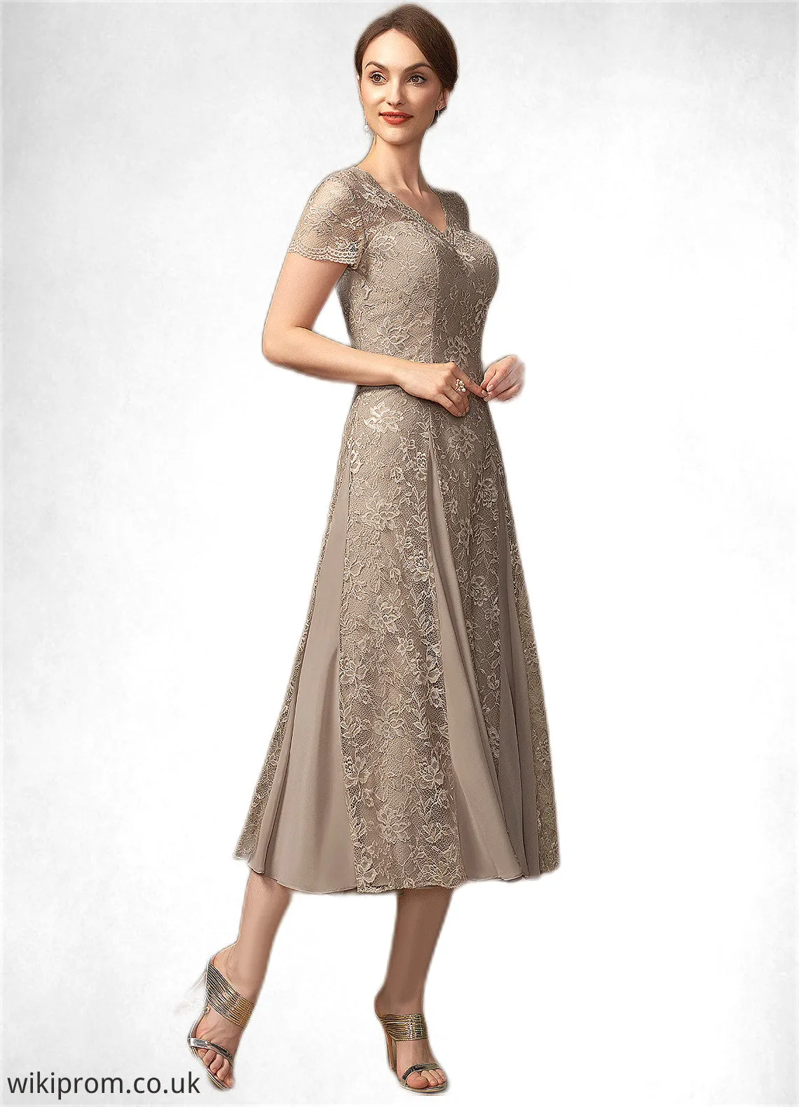 Lucia A-line V-Neck Tea-Length Chiffon Lace Mother of the Bride Dress SWK126P0014644