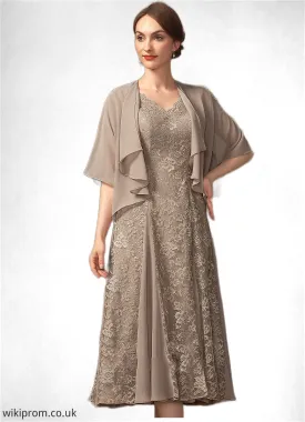 Lucia A-line V-Neck Tea-Length Chiffon Lace Mother of the Bride Dress SWK126P0014644