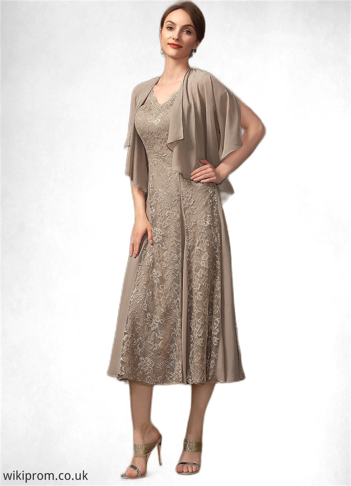 Lucia A-line V-Neck Tea-Length Chiffon Lace Mother of the Bride Dress SWK126P0014644