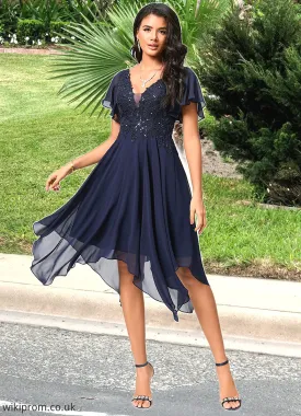 Marisol A-line V-Neck Tea-Length Chiffon Cocktail Dress With Sequins SWKP0022296