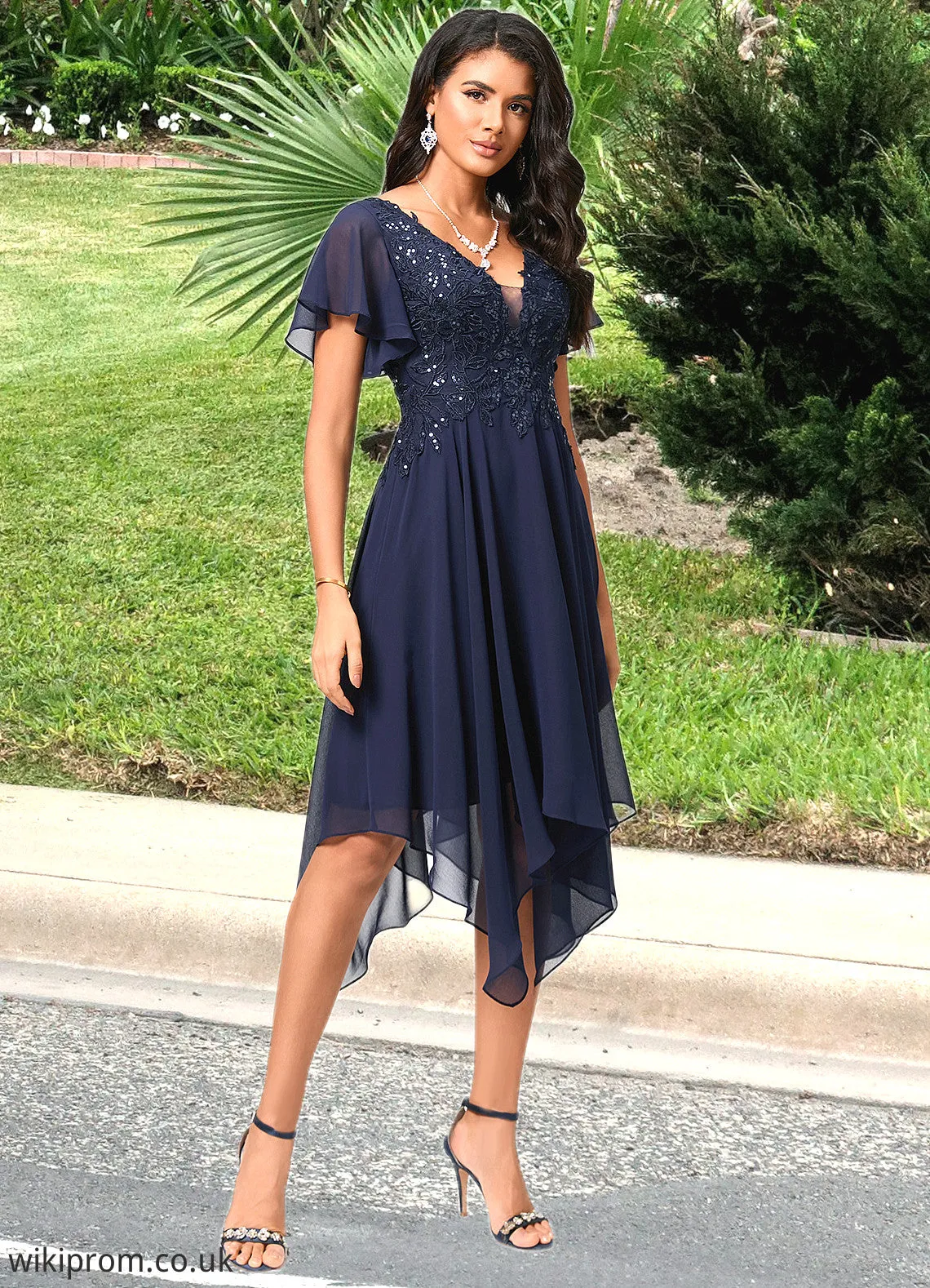 Marisol A-line V-Neck Tea-Length Chiffon Cocktail Dress With Sequins SWKP0022296