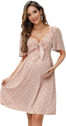 Maternity Dresses for Baby Shower Women's Knotted V Neck Knee Length Wrap Baby Shower Dress