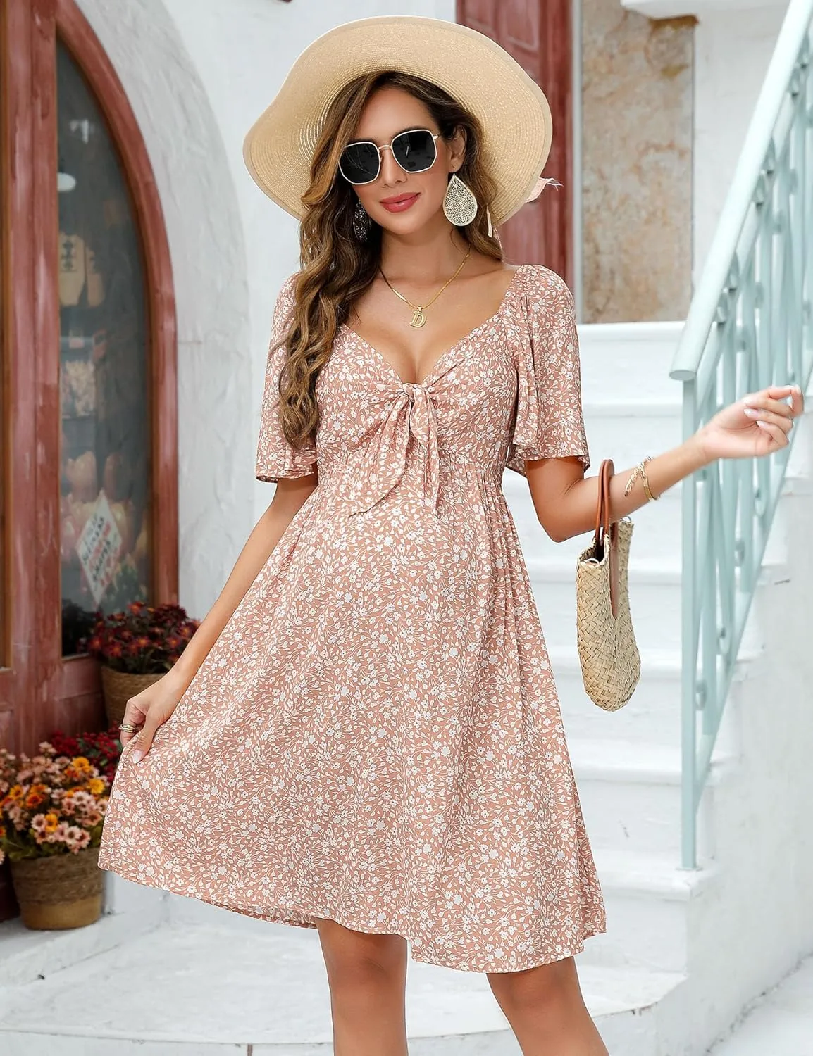 Maternity Dresses for Baby Shower Women's Knotted V Neck Knee Length Wrap Baby Shower Dress