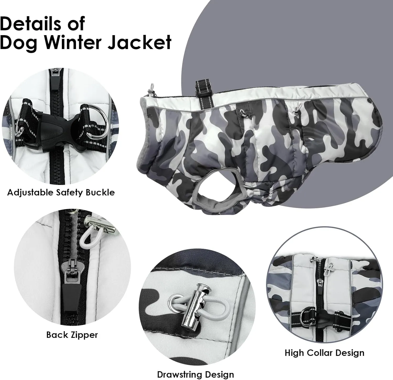 Medium Dog Coat Dog Winter Jacket,Warm Dog Coat with Harness Reflective Dog Snow Jacket Water-Resistant Dog Vest Zip Up Snowsuitfor Medium Dogs Jack Russell, Mini Schnauzer, Grey-Camouflage