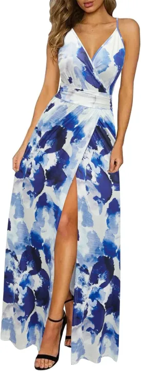 Newshows Women Summer 2025 Maxi Dress Vacation Floral Spaghetti Strap Spring Casual Boho Split Beach Long Flowy Sundress