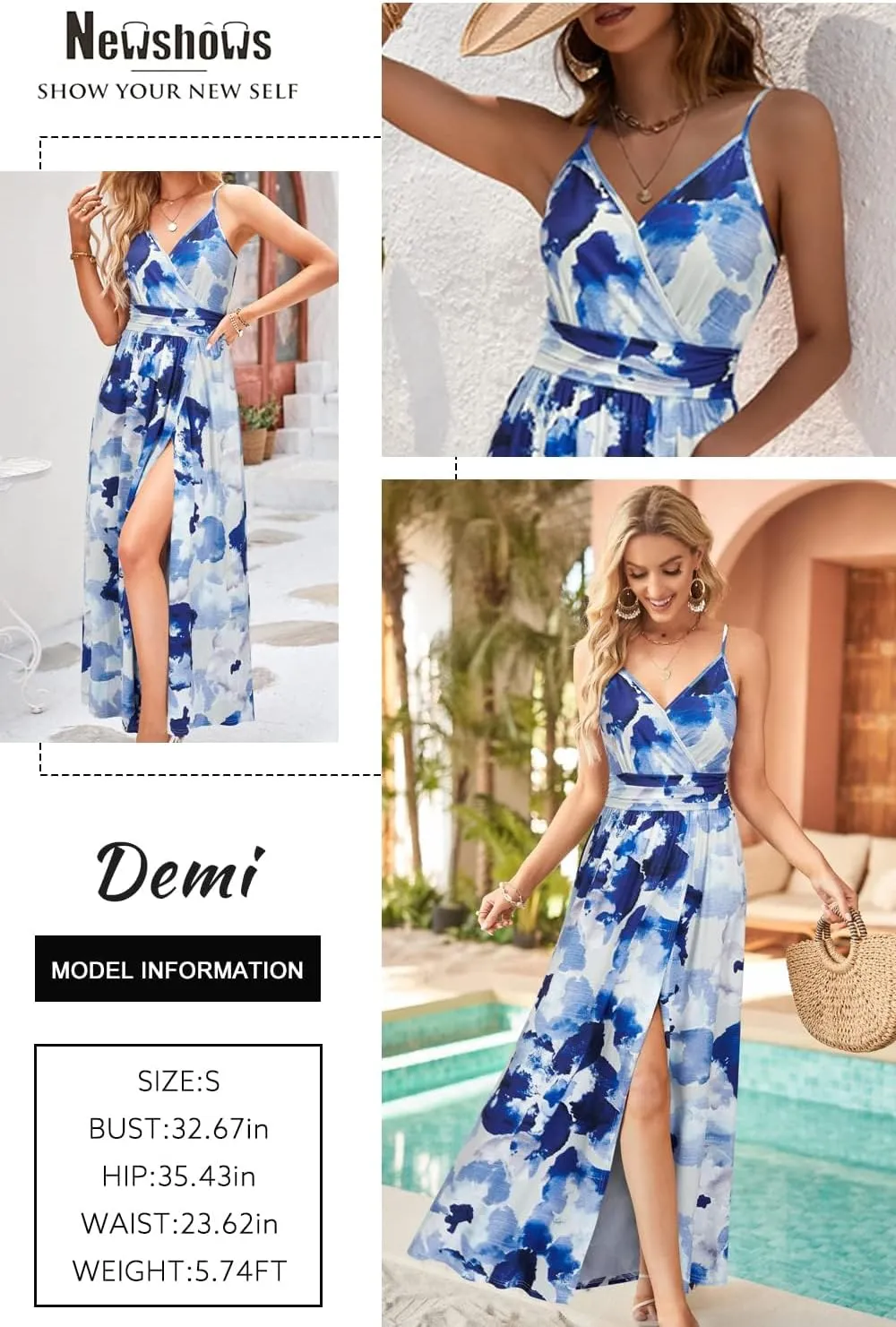 Newshows Women Summer 2025 Maxi Dress Vacation Floral Spaghetti Strap Spring Casual Boho Split Beach Long Flowy Sundress
