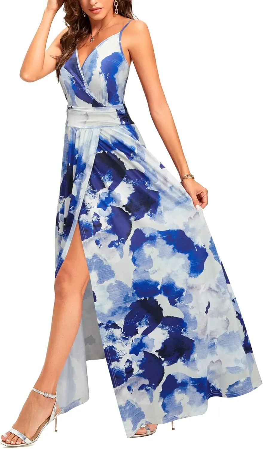 Newshows Women Summer 2025 Maxi Dress Vacation Floral Spaghetti Strap Spring Casual Boho Split Beach Long Flowy Sundress