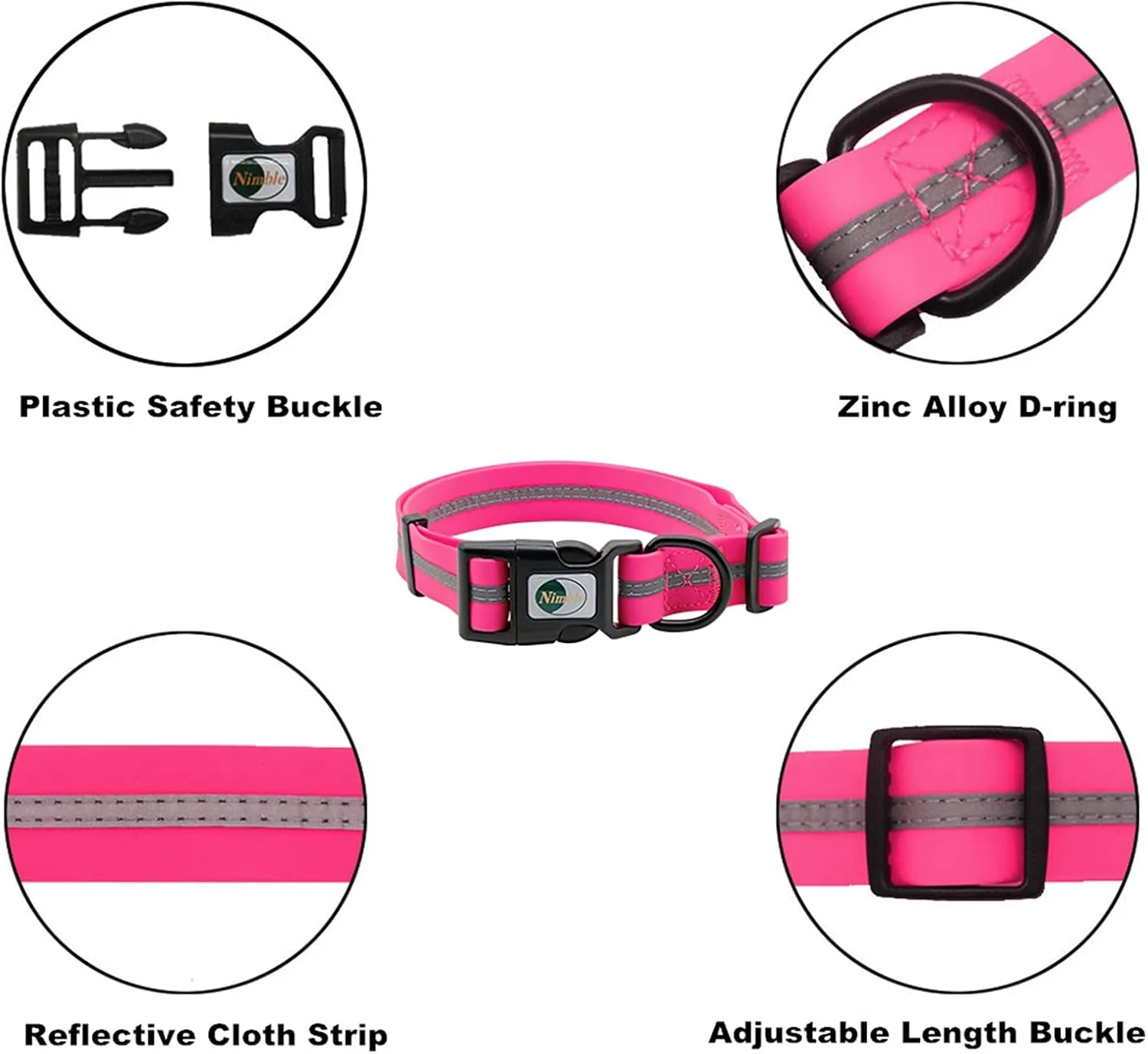 NIMBLE Dog Collar Waterproof Pet Collars Anti-Odor Durable Adjustable PVC & Polyester Soft with Reflective Cloth Stripe Basic Dog Collars S/M/L Sizes (Medium (11.81-18.5inches), Pink)