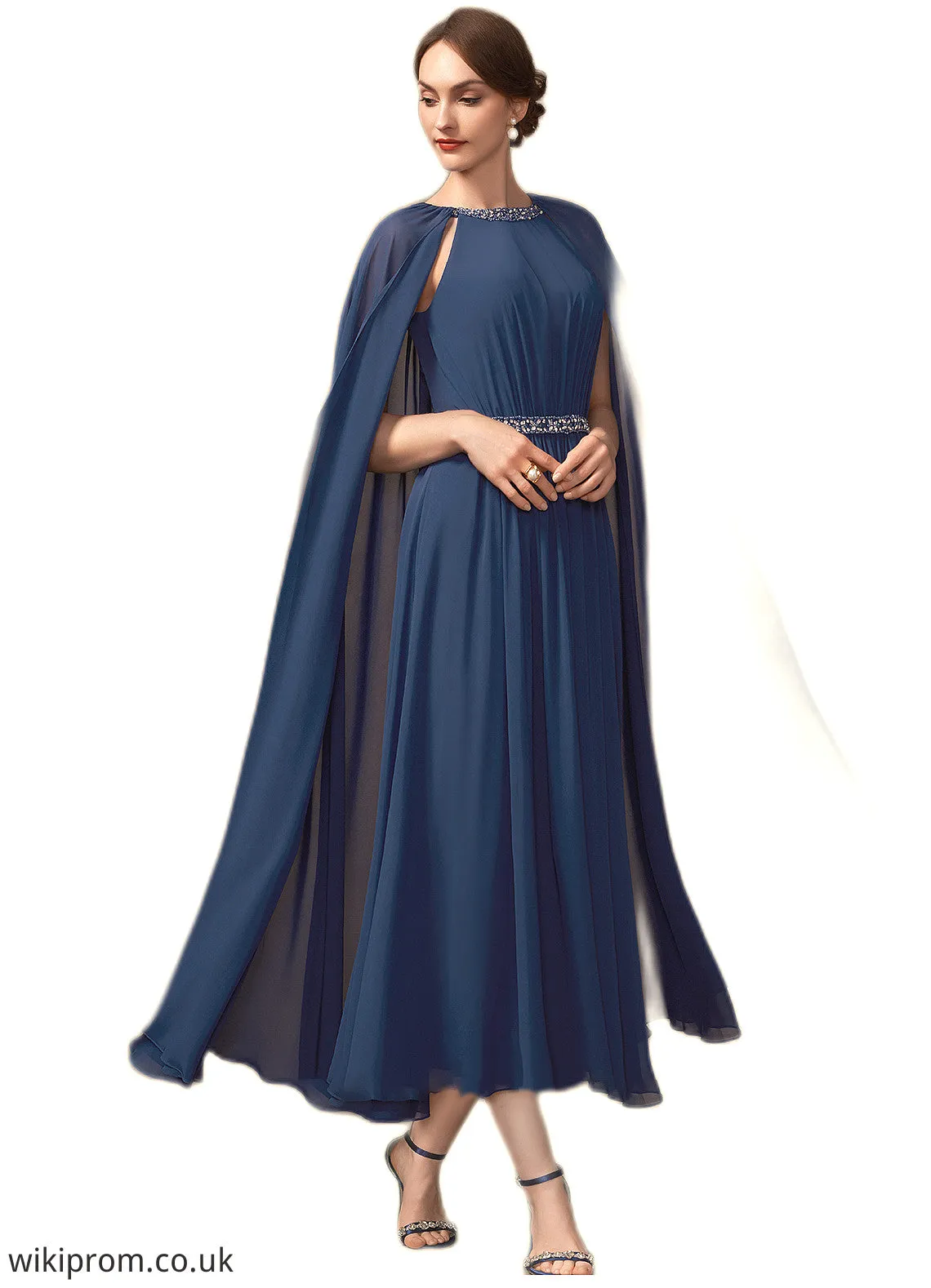 Paisley A-Line Scoop Neck Tea-Length Chiffon Mother of the Bride Dress With Beading SWK126P0014934