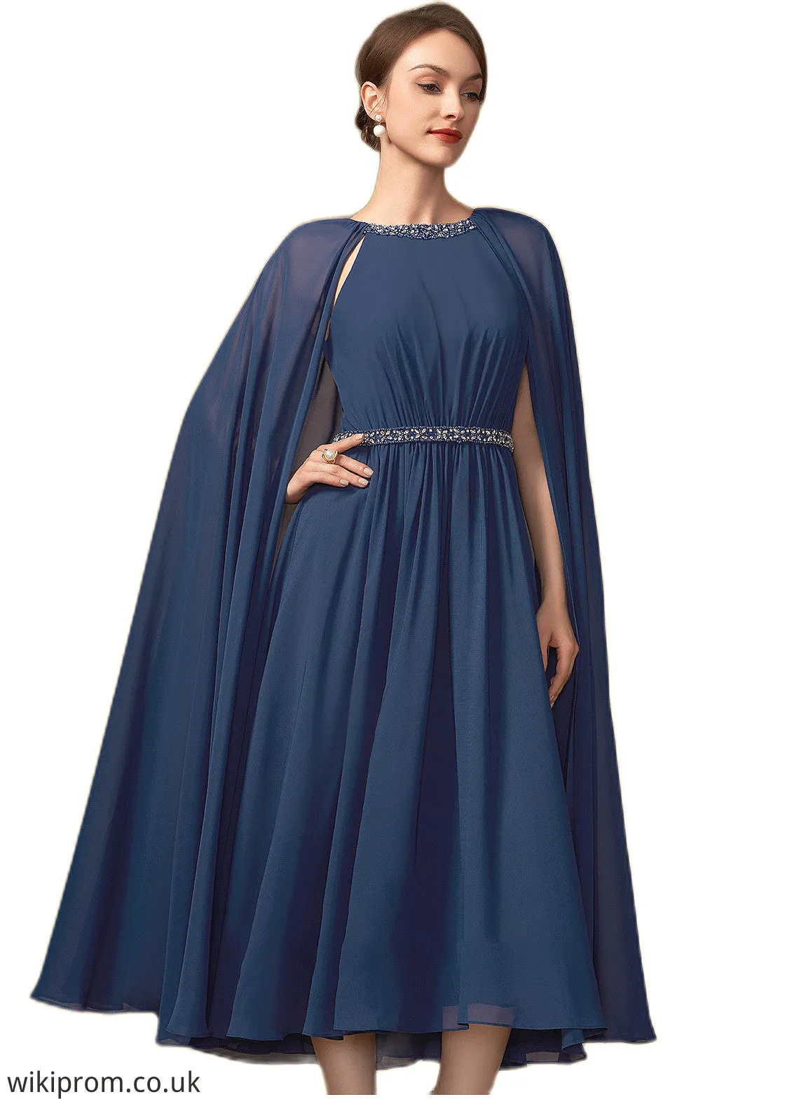 Paisley A-Line Scoop Neck Tea-Length Chiffon Mother of the Bride Dress With Beading SWK126P0014934