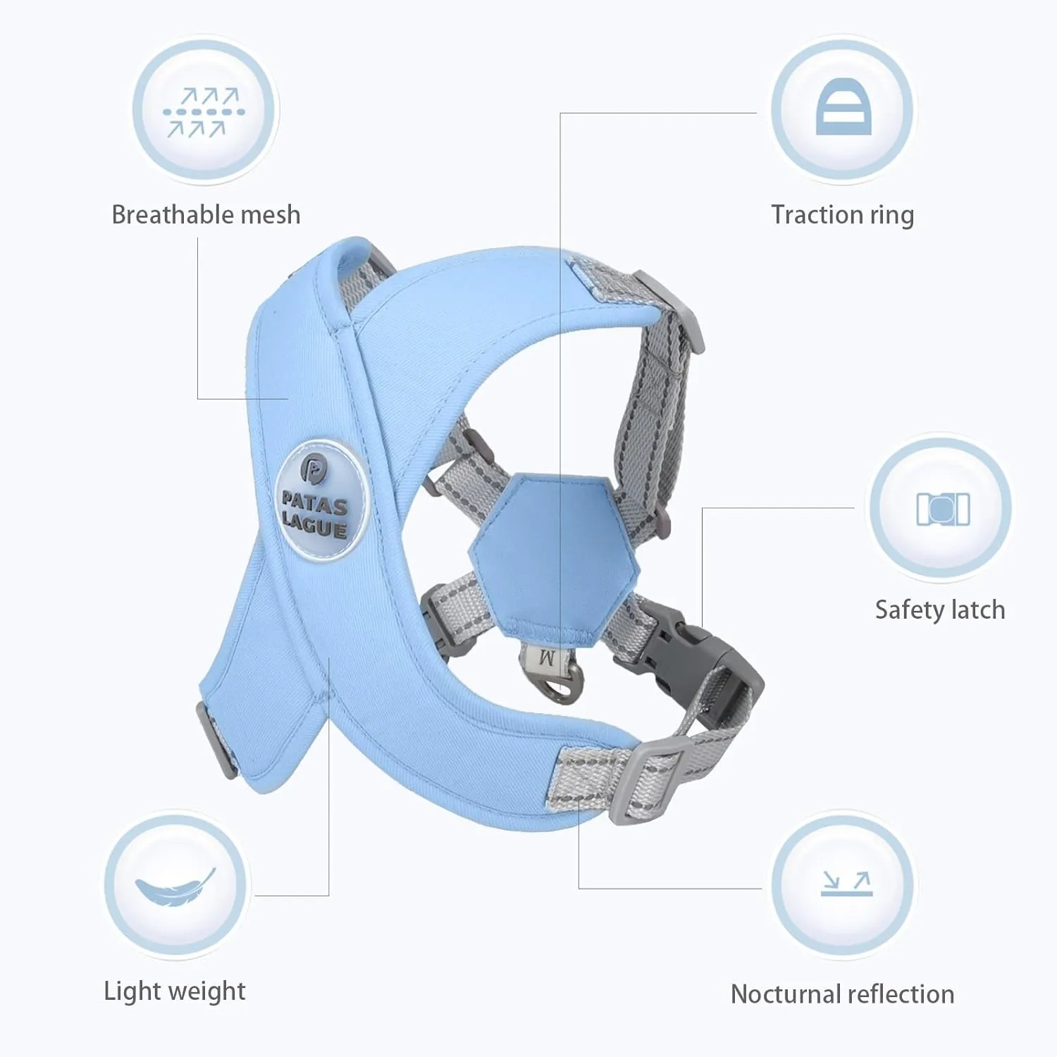 Patas Lague Dog Harness with Leash Set Adjustable Soft Padded Step-in Dog Vest No Choke No Pull Reflective for Small Medium Pets with Poop Bags and Dispenser, Solid and No-chew, Blue M