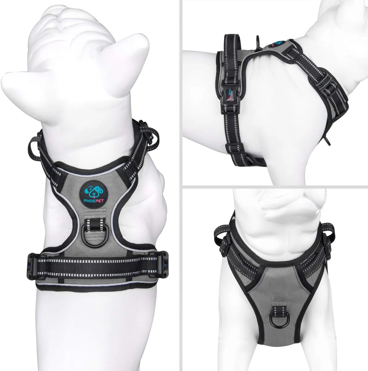 PHOEPET No Pull Dog Harness Reflective Adjustable with 2 Metal Leash Hooks and Soft Training Handle [Over The Head Design](S, Grey)