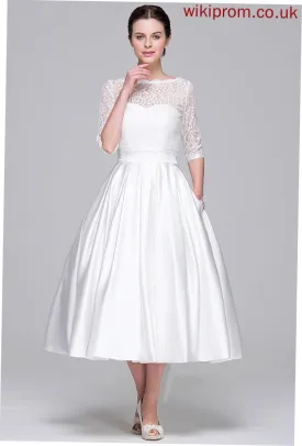 Pockets Geraldine Wedding Dresses Sweetheart Ball-Gown/Princess Wedding Dress With Satin Tea-Length
