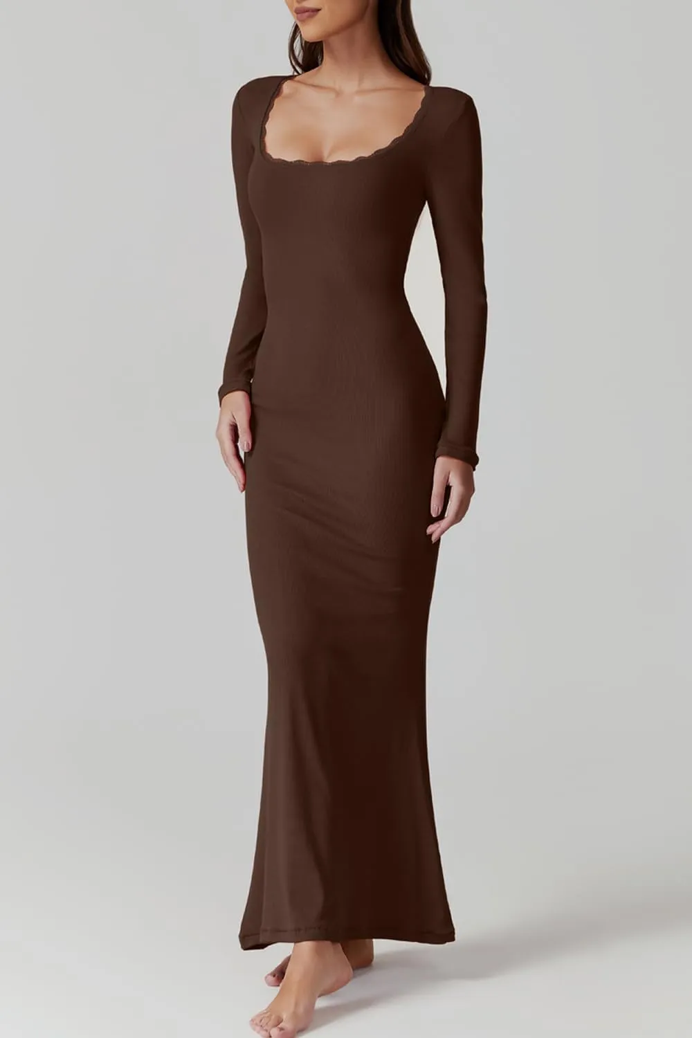 QINSEN Women's Ribbed Knit Long Sleeve Scoop Neck Maxi Dress with Lace Details Bodycon Dress