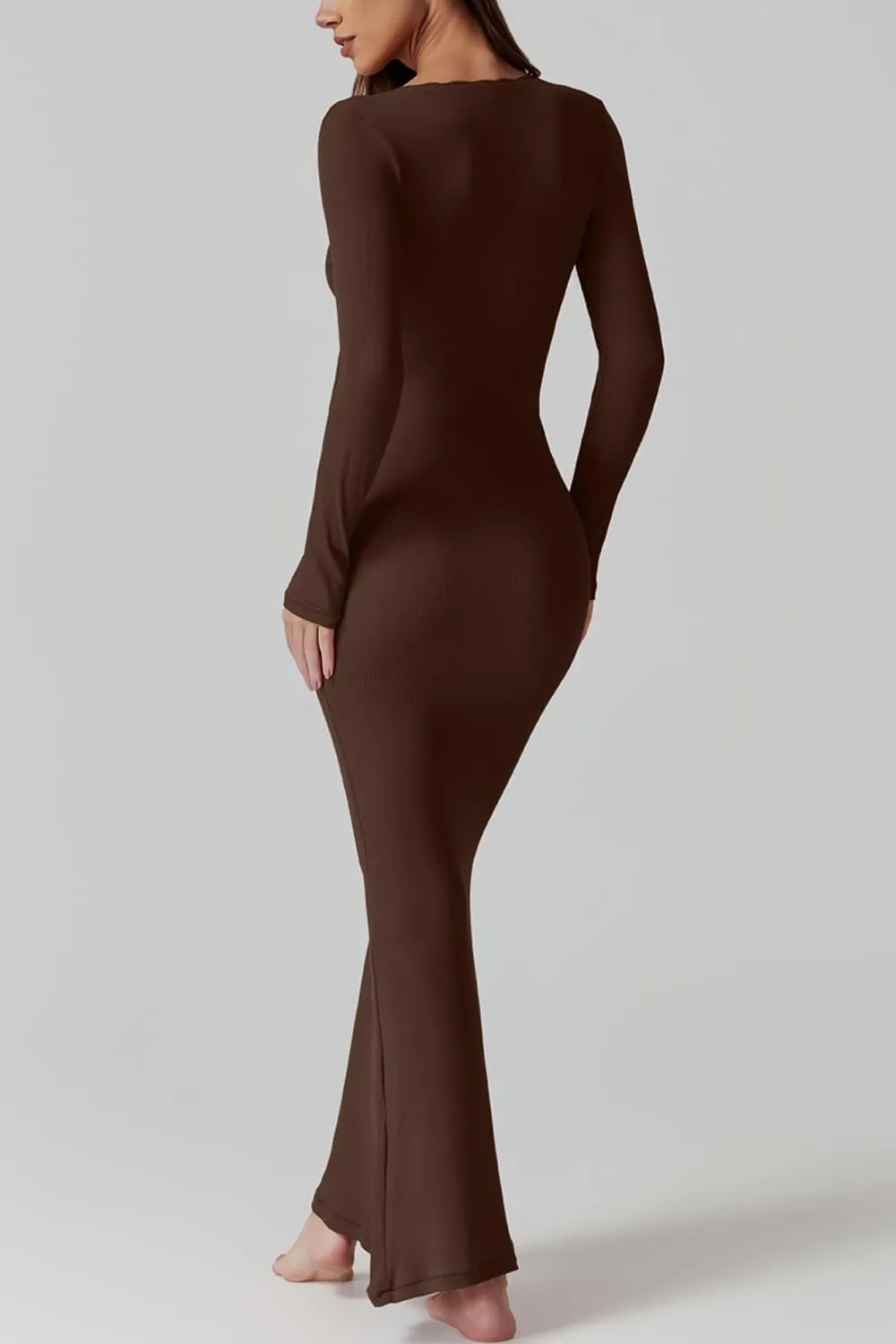 QINSEN Women's Ribbed Knit Long Sleeve Scoop Neck Maxi Dress with Lace Details Bodycon Dress