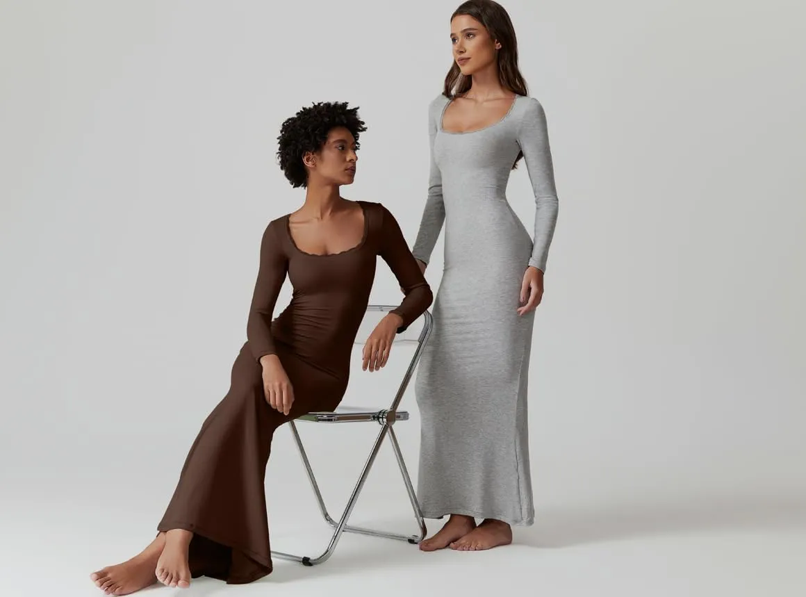 QINSEN Women's Ribbed Knit Long Sleeve Scoop Neck Maxi Dress with Lace Details Bodycon Dress