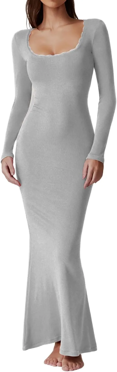 QINSEN Women's Ribbed Knit Long Sleeve Scoop Neck Maxi Dress with Lace Details Bodycon Dress