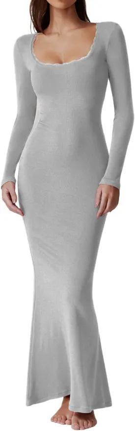 QINSEN Women's Ribbed Knit Long Sleeve Scoop Neck Maxi Dress with Lace Details Bodycon Dress