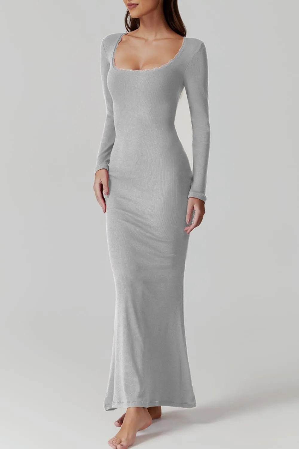 QINSEN Women's Ribbed Knit Long Sleeve Scoop Neck Maxi Dress with Lace Details Bodycon Dress