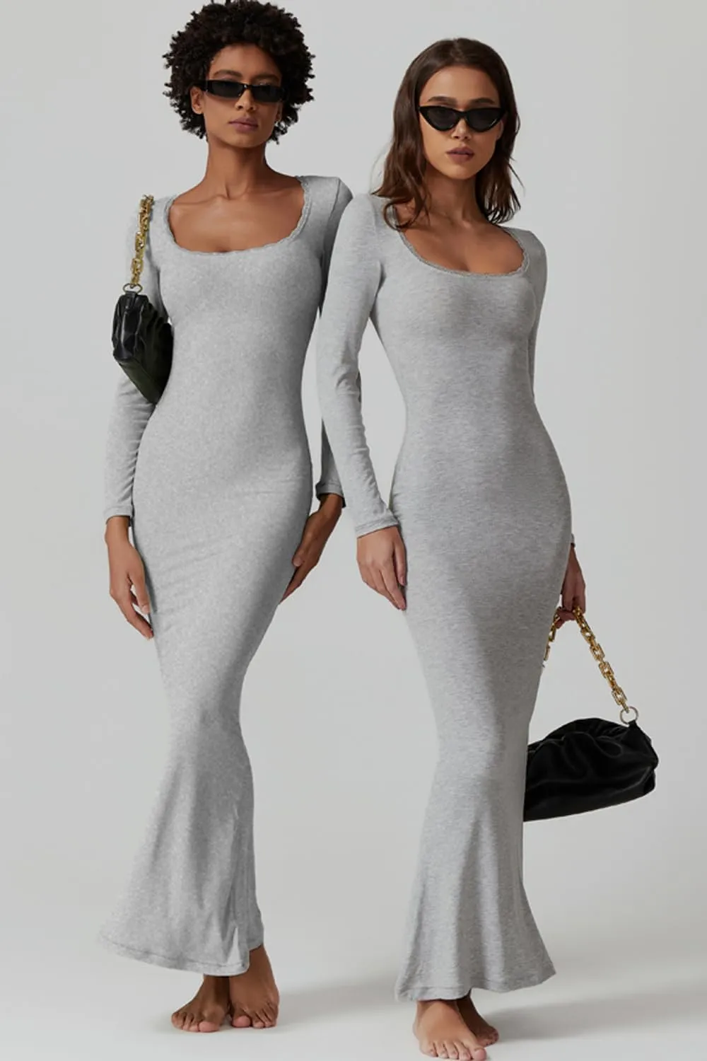 QINSEN Women's Ribbed Knit Long Sleeve Scoop Neck Maxi Dress with Lace Details Bodycon Dress