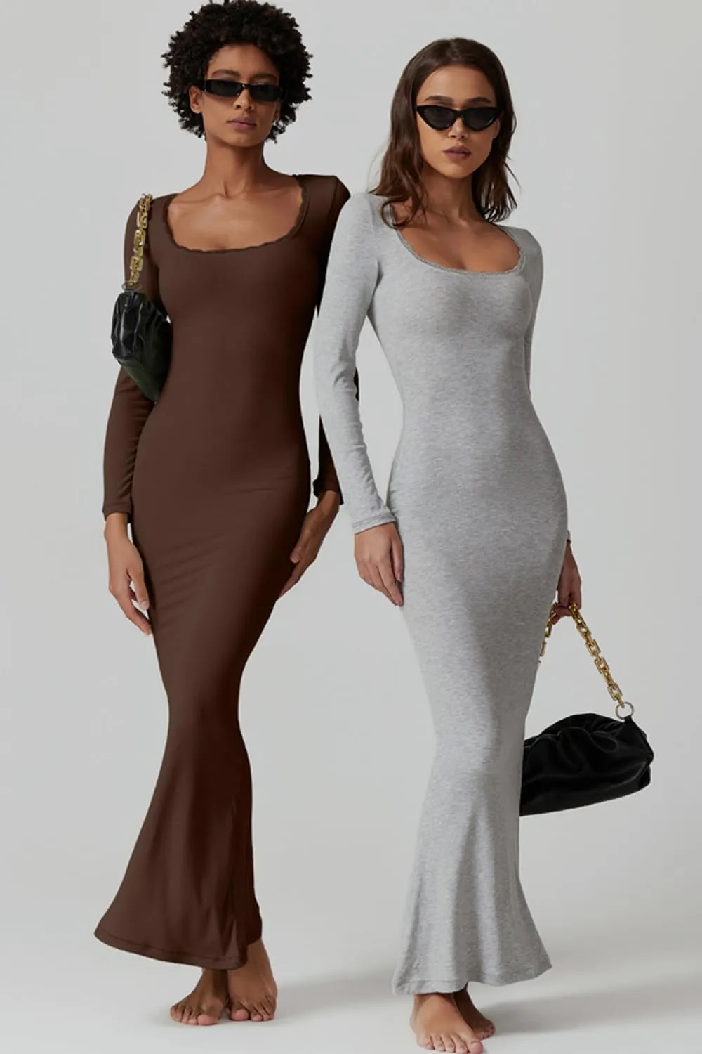 QINSEN Women's Ribbed Knit Long Sleeve Scoop Neck Maxi Dress with Lace Details Bodycon Dress