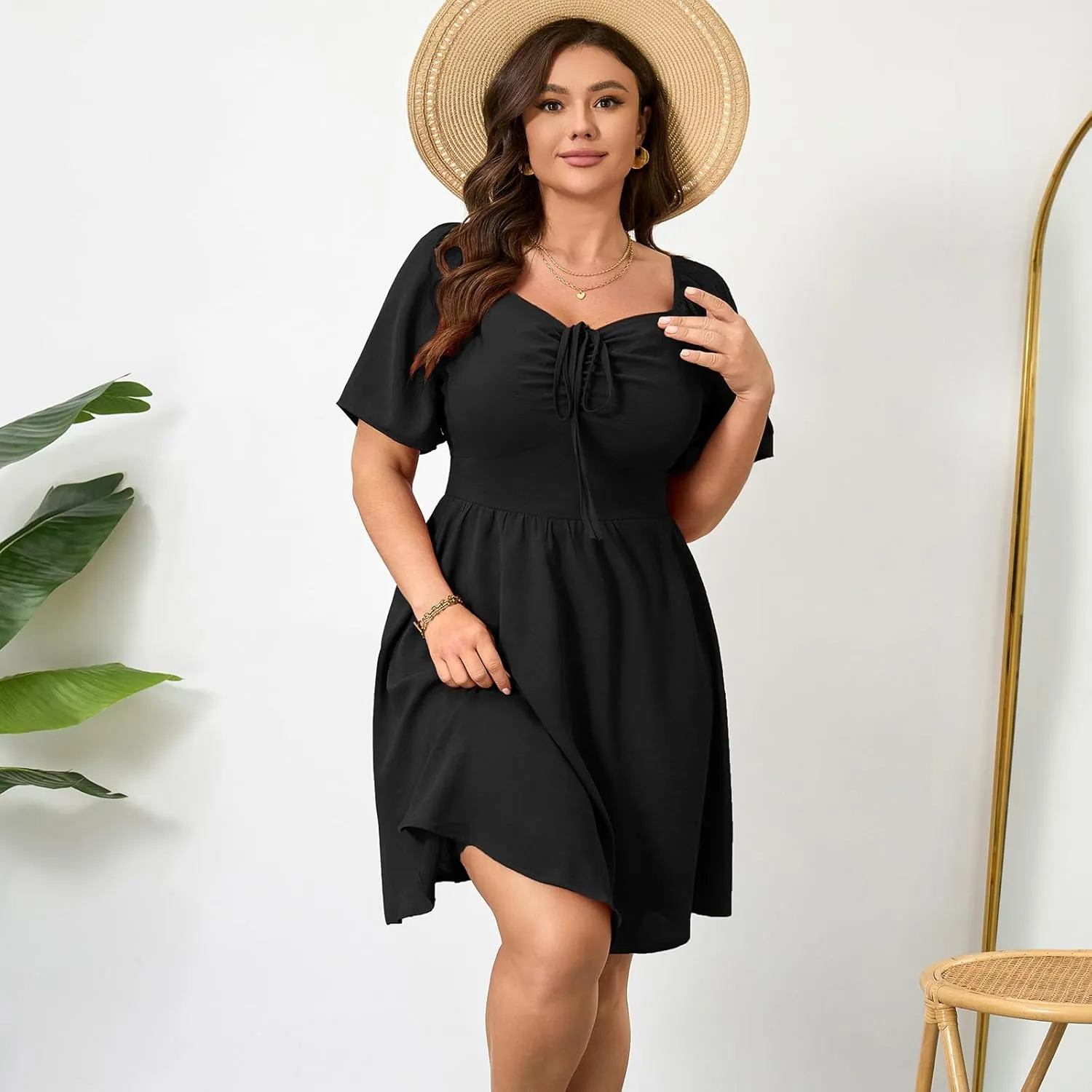 RWJ Women Plus Size Summer Dress Short Sleeve Tie Front Sweetheart Neck Wrap A-Line Casual Mini Wedding Guest Dresses 2025