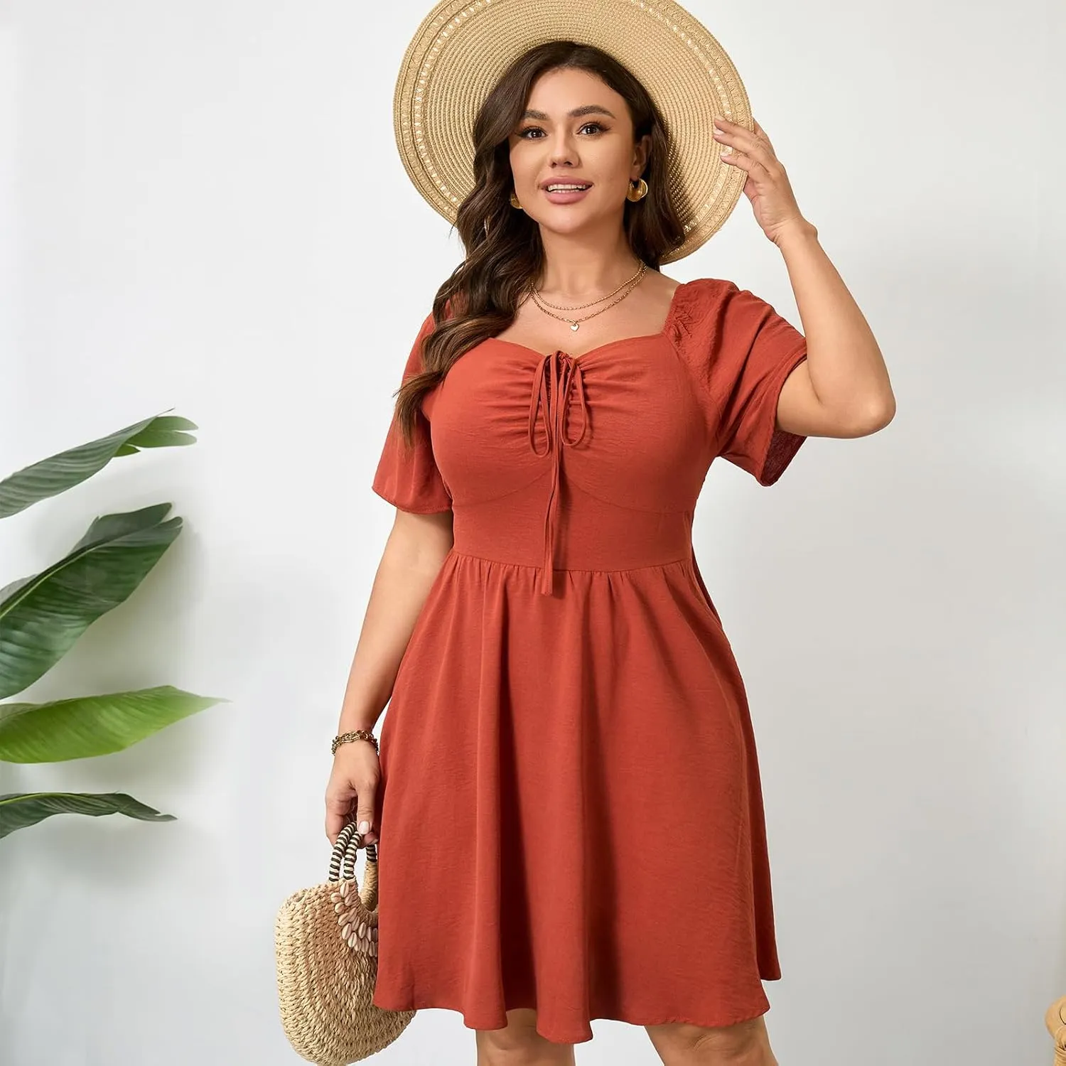 RWJ Women Plus Size Summer Dress Short Sleeve Tie Front Sweetheart Neck Wrap A-Line Casual Mini Wedding Guest Dresses 2025