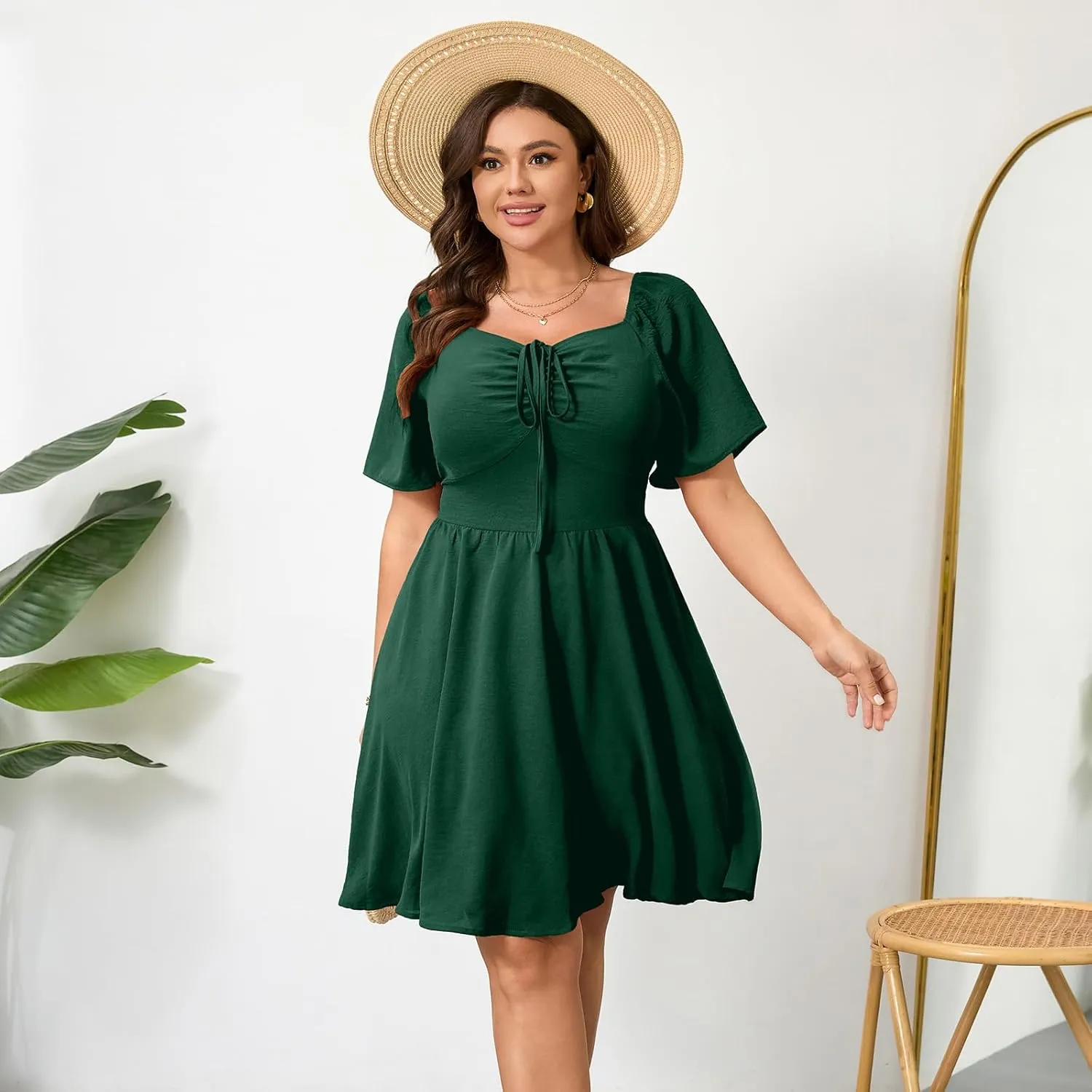 RWJ Women Plus Size Summer Dress Short Sleeve Tie Front Sweetheart Neck Wrap A-Line Casual Mini Wedding Guest Dresses 2025