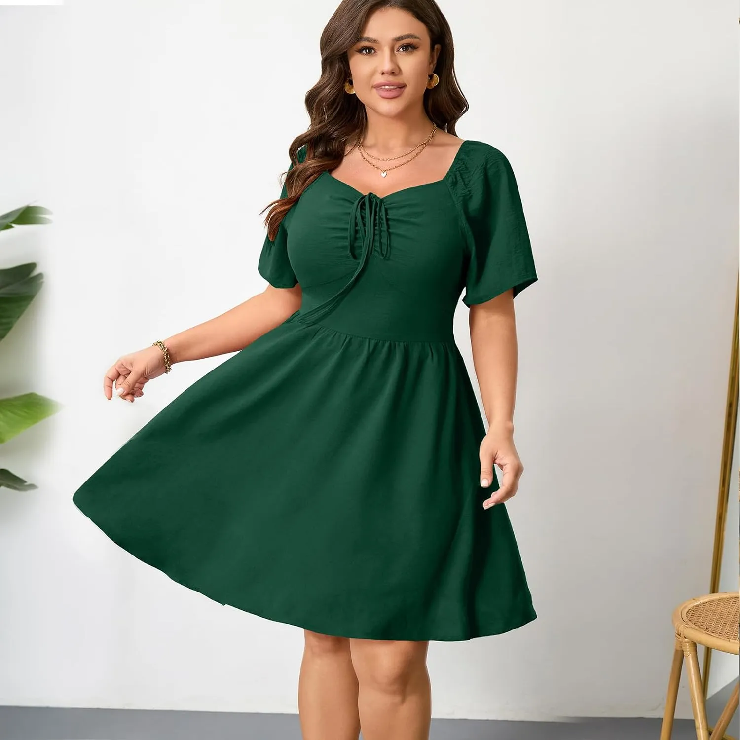 RWJ Women Plus Size Summer Dress Short Sleeve Tie Front Sweetheart Neck Wrap A-Line Casual Mini Wedding Guest Dresses 2025