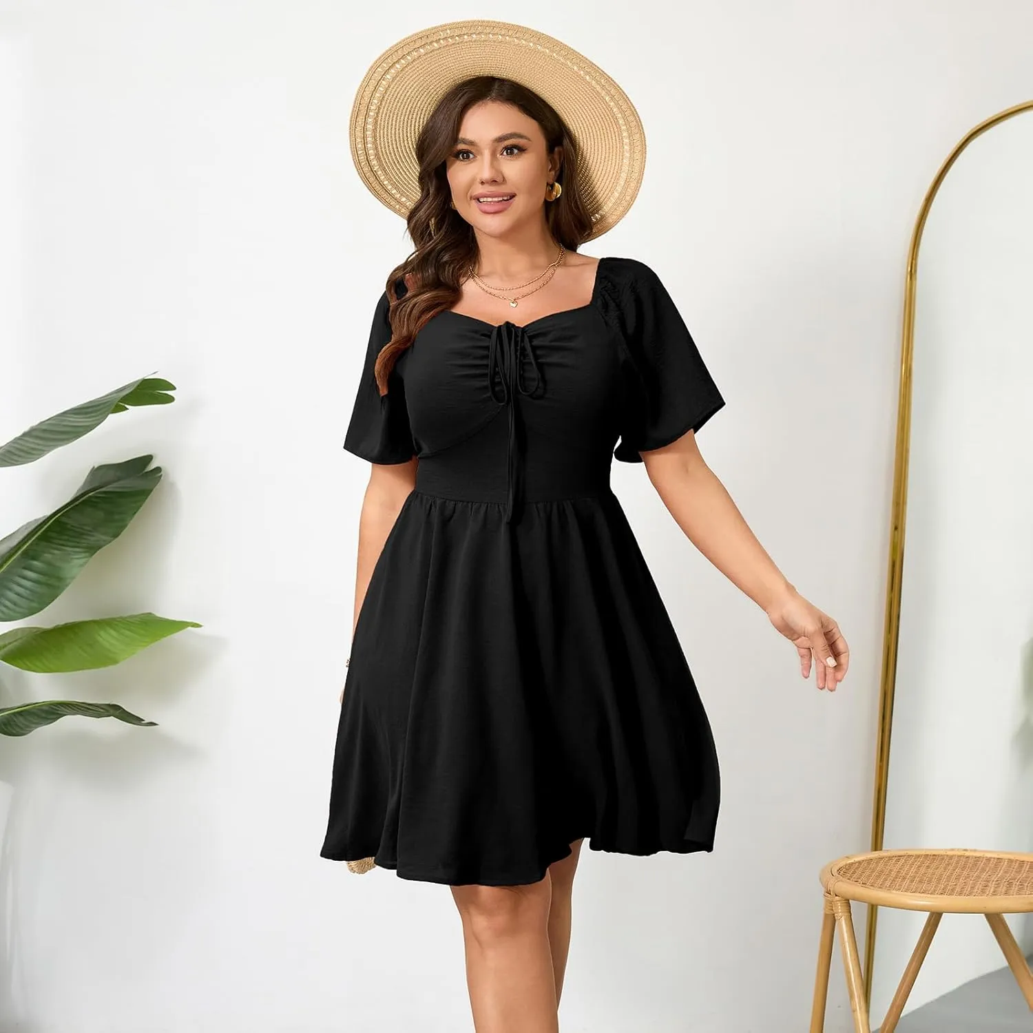 RWJ Women Plus Size Summer Dress Short Sleeve Tie Front Sweetheart Neck Wrap A-Line Casual Mini Wedding Guest Dresses 2025