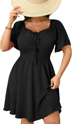 RWJ Women Plus Size Summer Dress Short Sleeve Tie Front Sweetheart Neck Wrap A-Line Casual Mini Wedding Guest Dresses 2025