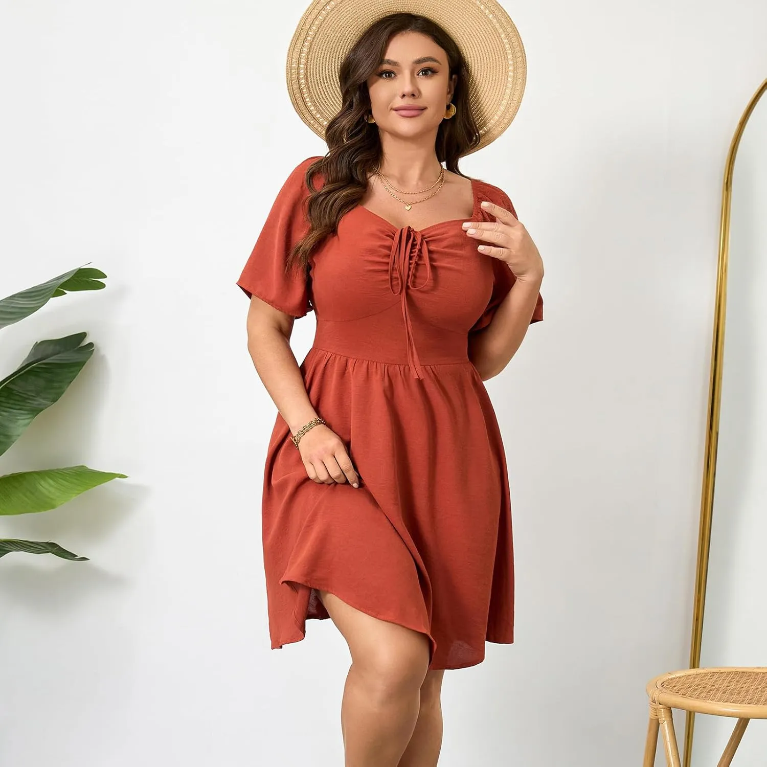 RWJ Women Plus Size Summer Dress Short Sleeve Tie Front Sweetheart Neck Wrap A-Line Casual Mini Wedding Guest Dresses 2025