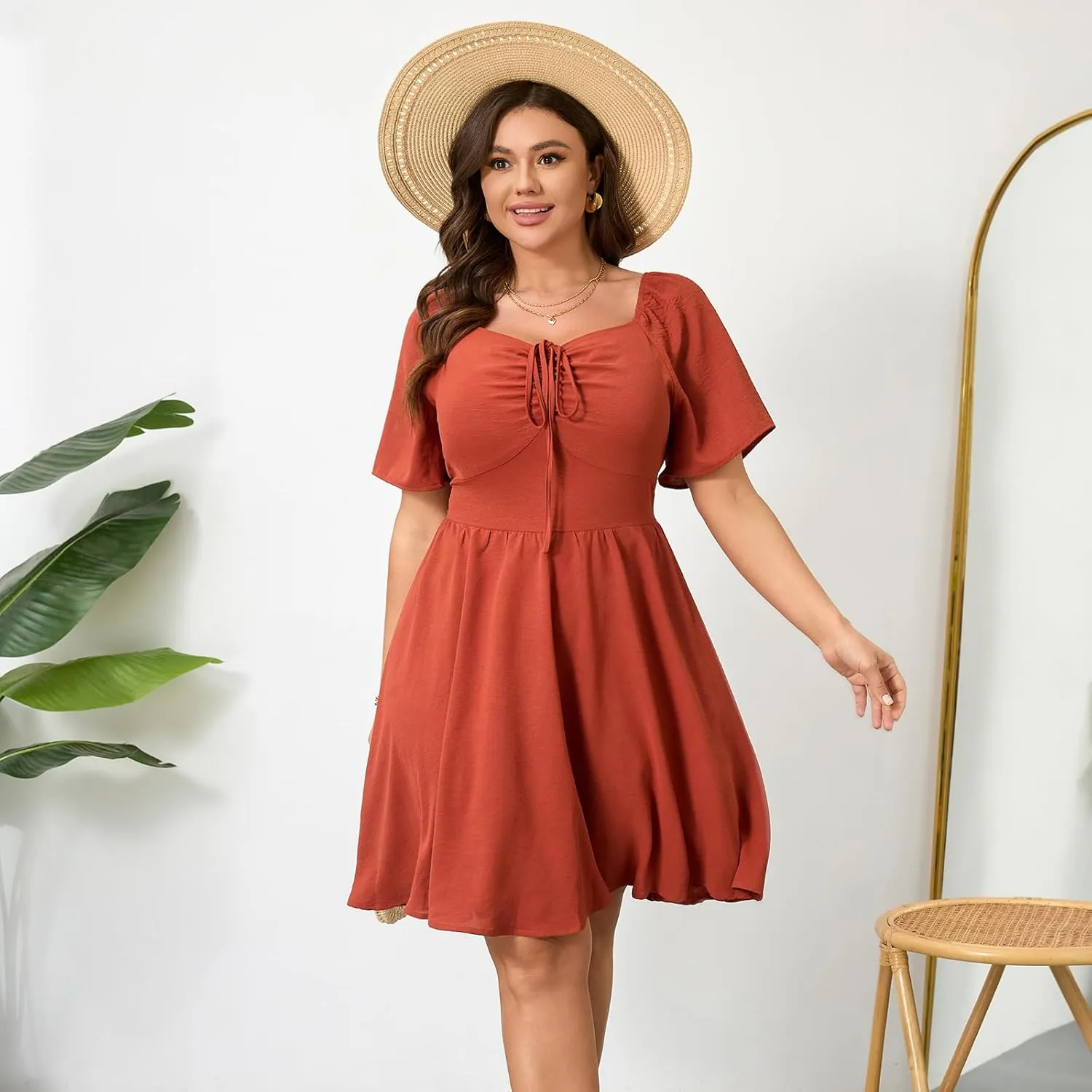 RWJ Women Plus Size Summer Dress Short Sleeve Tie Front Sweetheart Neck Wrap A-Line Casual Mini Wedding Guest Dresses 2025