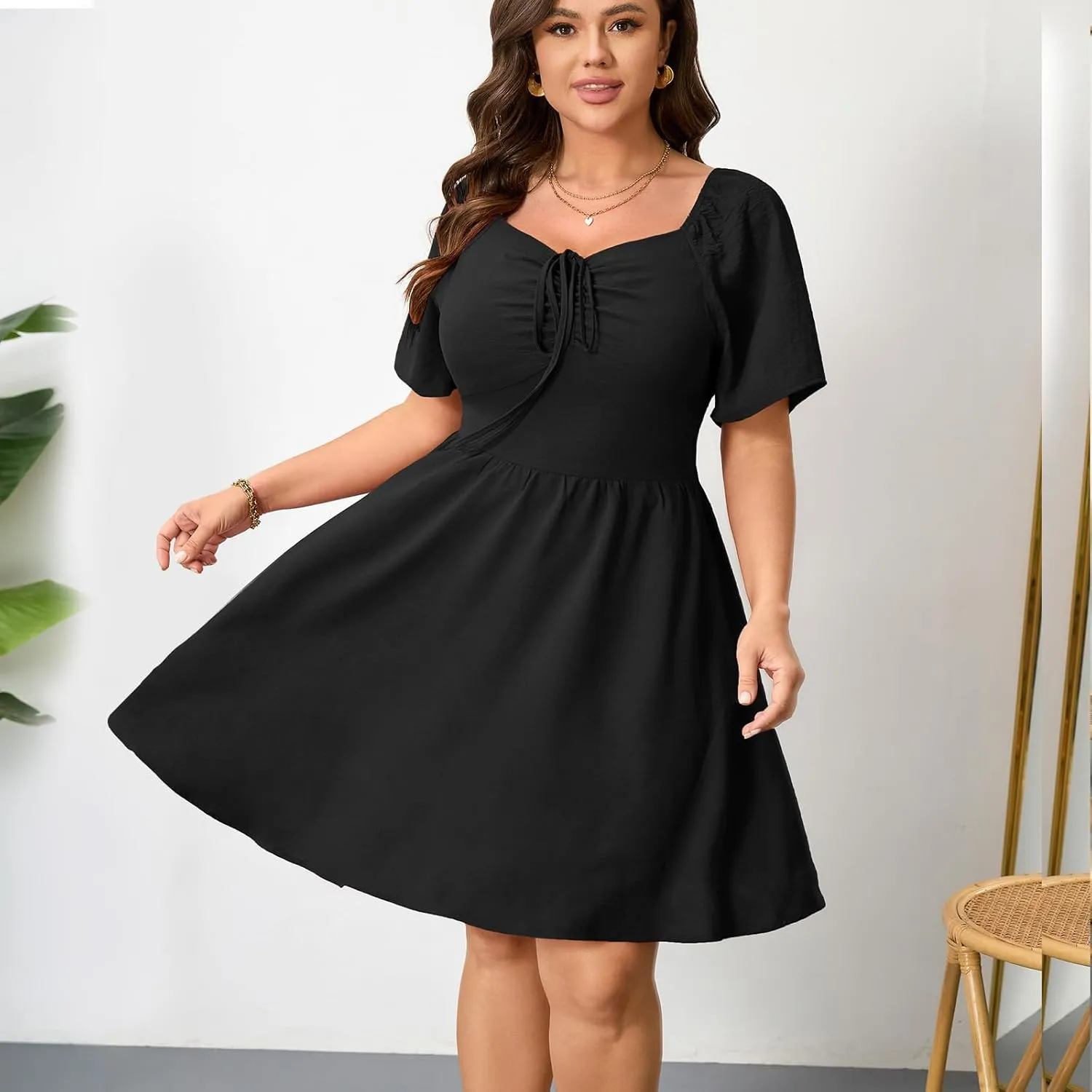 RWJ Women Plus Size Summer Dress Short Sleeve Tie Front Sweetheart Neck Wrap A-Line Casual Mini Wedding Guest Dresses 2025