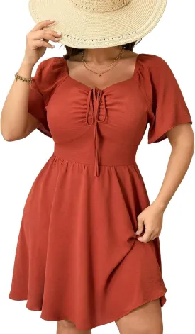 RWJ Women Plus Size Summer Dress Short Sleeve Tie Front Sweetheart Neck Wrap A-Line Casual Mini Wedding Guest Dresses 2025