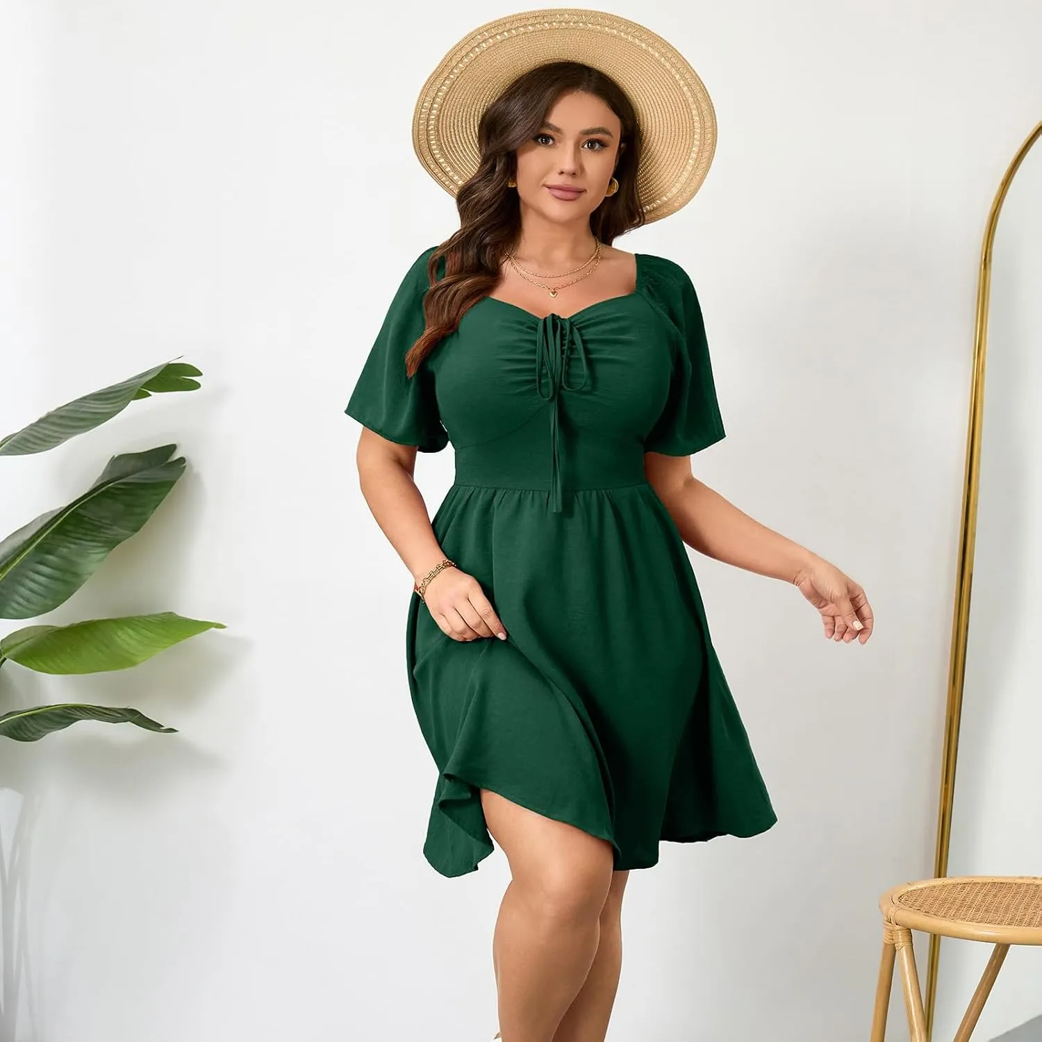 RWJ Women Plus Size Summer Dress Short Sleeve Tie Front Sweetheart Neck Wrap A-Line Casual Mini Wedding Guest Dresses 2025
