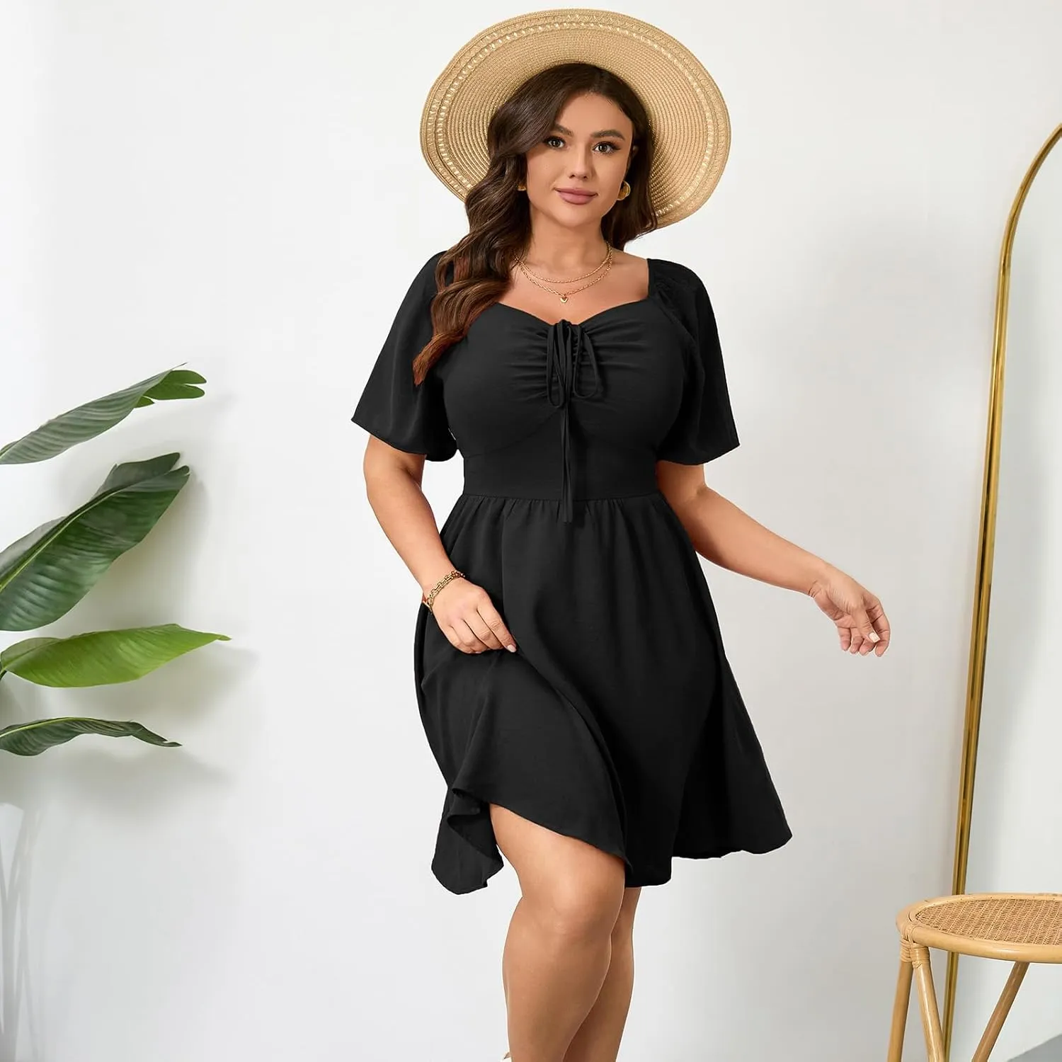 RWJ Women Plus Size Summer Dress Short Sleeve Tie Front Sweetheart Neck Wrap A-Line Casual Mini Wedding Guest Dresses 2025
