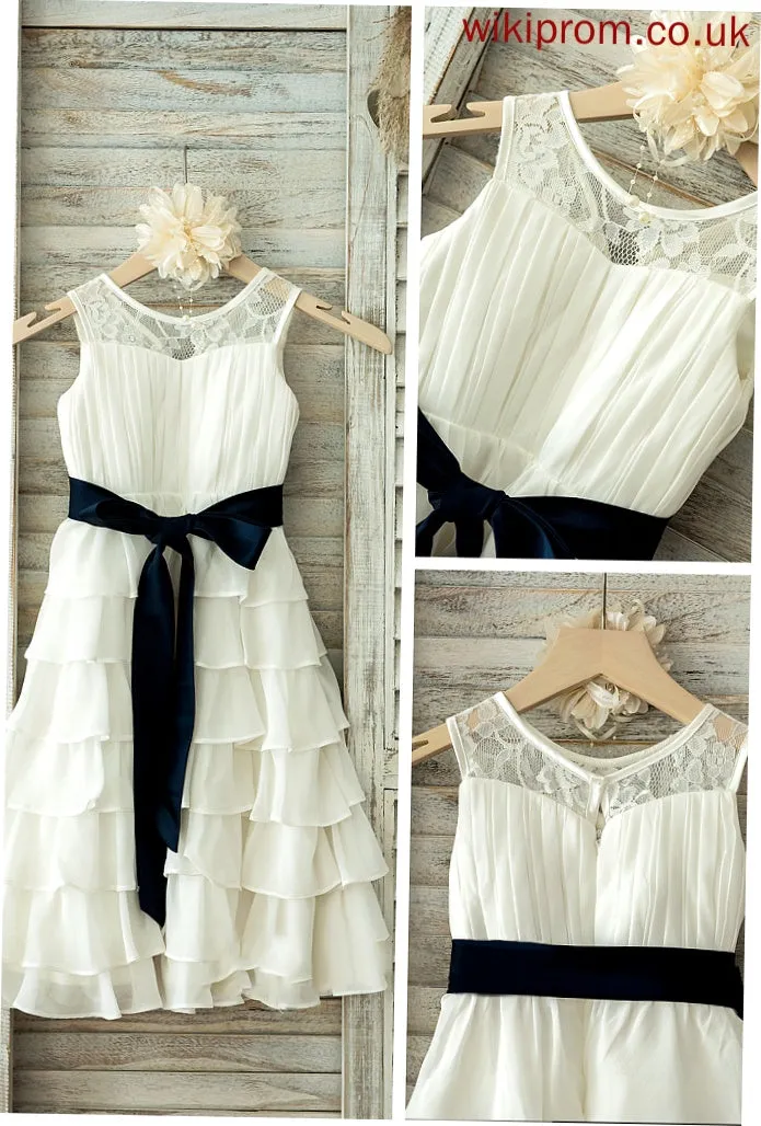 Sleeveless Phoebe Dress With Neck Flower Ruffles/Sash Girl Chiffon/Lace A-Line/Princess - Tea-length Scoop Flower Girl Dresses