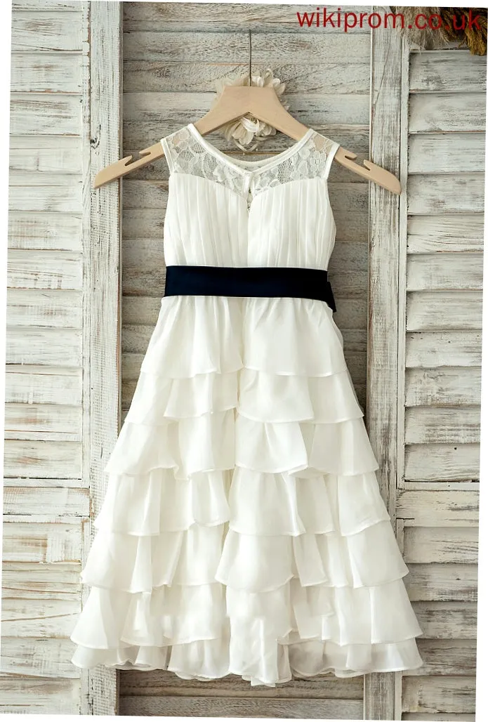 Sleeveless Phoebe Dress With Neck Flower Ruffles/Sash Girl Chiffon/Lace A-Line/Princess - Tea-length Scoop Flower Girl Dresses