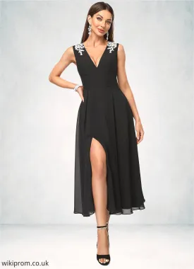 Sonia A-line V-Neck Tea-Length Chiffon Lace Cocktail Dress With Appliques Lace SWKP0022387