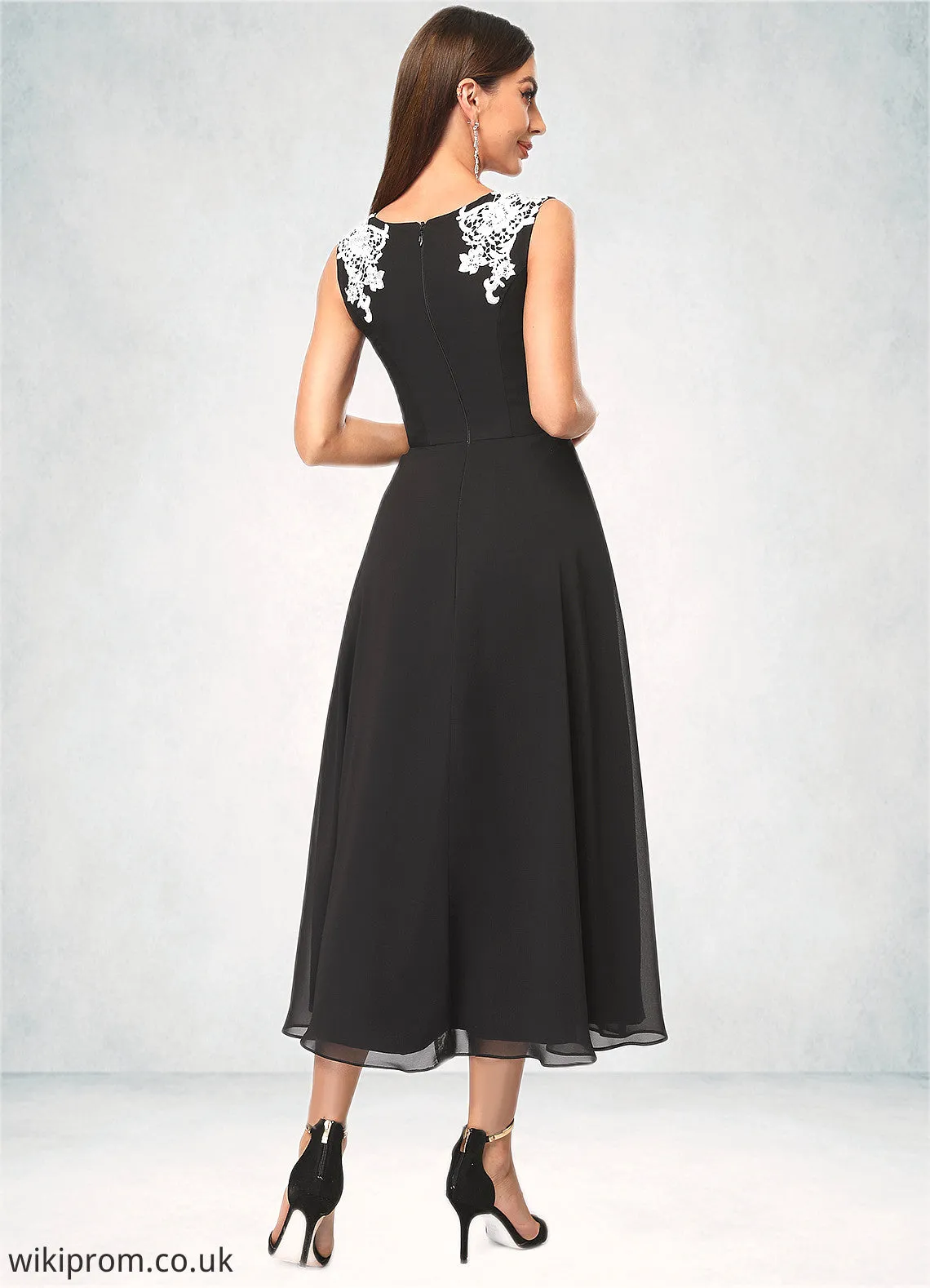Sonia A-line V-Neck Tea-Length Chiffon Lace Cocktail Dress With Appliques Lace SWKP0022387