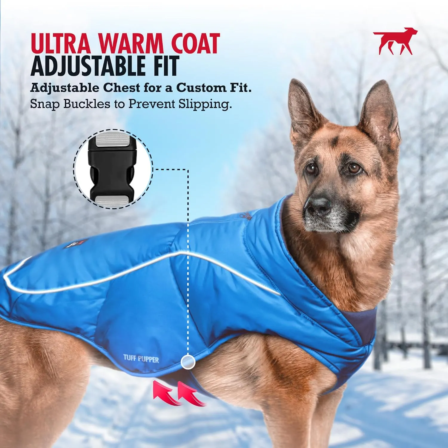 Tuff Pupper Insulated Winter Dog Coat | Waterproof Against Snow & Rain | Premium Padded Cold Weather Jacket | Reflective for Safety | Zipper Opening for Harness | Adjustable Sizing (Red/XS)