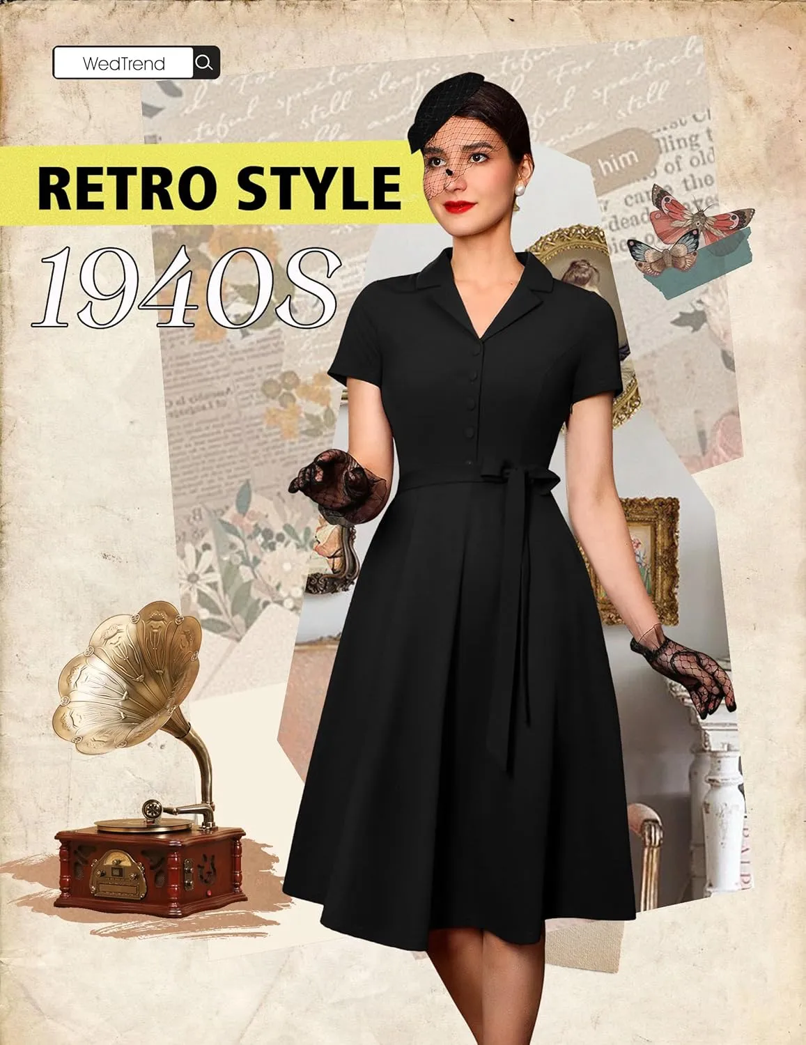 Wedtrend Women's Vintage Tea Dress, Short Sleeve Cocktail Party Dress Work Church Casual Dress