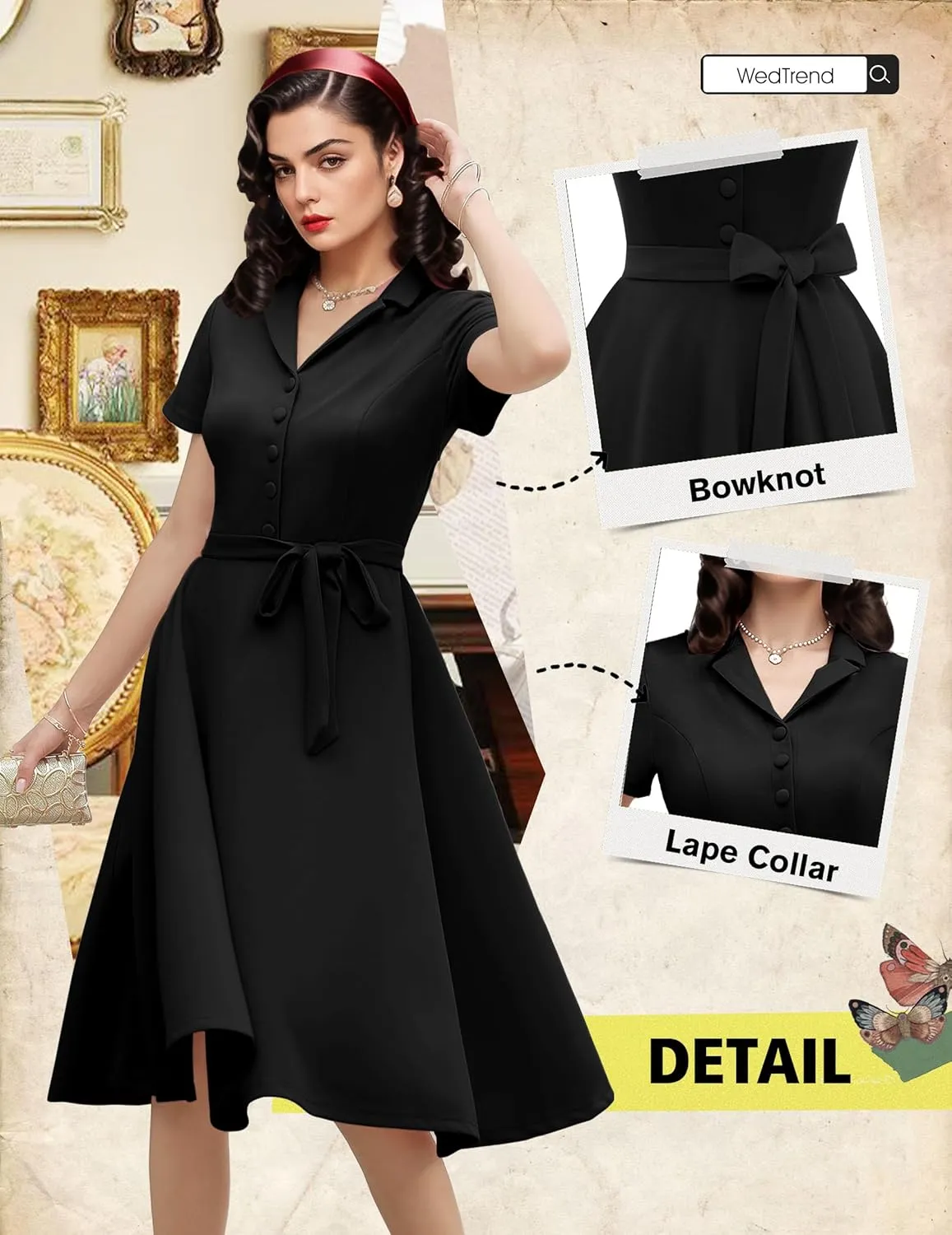 Wedtrend Women's Vintage Tea Dress, Short Sleeve Cocktail Party Dress Work Church Casual Dress