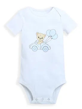 White Cute Teddy & Car Print Half Sleeve Baby Girl/Boy Romper