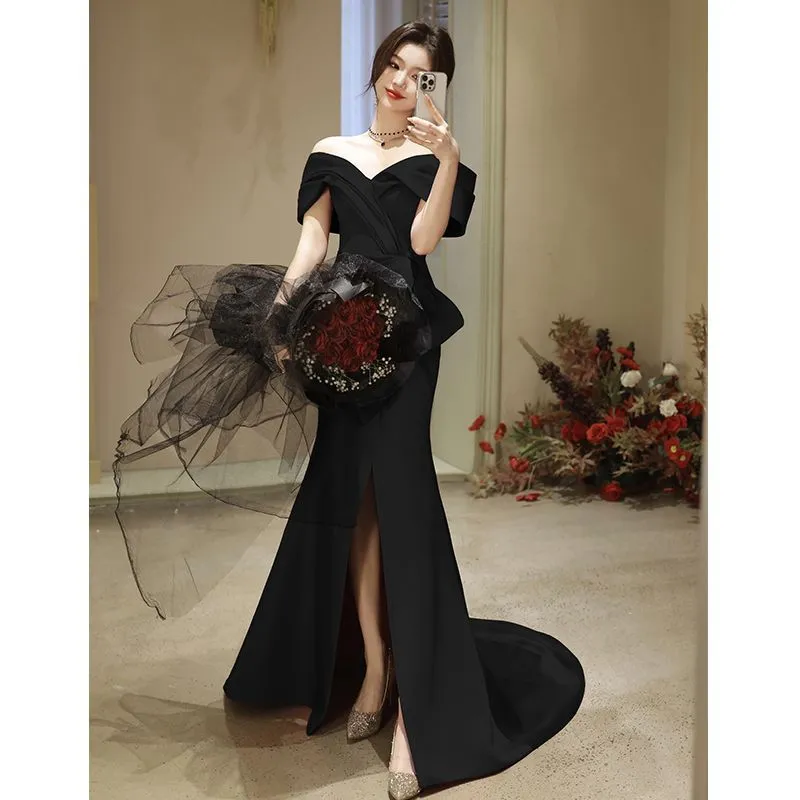 Wjczt Fishtail dress black evening dress light luxury 2024 new niche tail style banquet annual meeting host slim