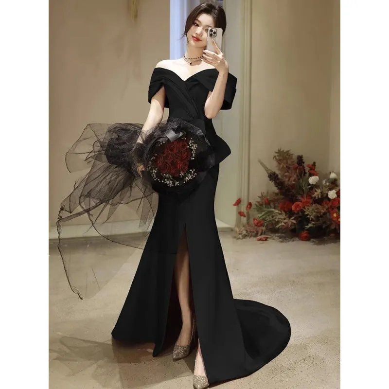 Wjczt Fishtail dress black evening dress light luxury 2024 new niche tail style banquet annual meeting host slim