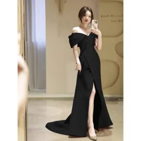 Wjczt Fishtail dress black evening dress light luxury 2024 new niche tail style banquet annual meeting host slim